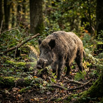 Wild Boar Walking Through Dense Forest Undergrowth.