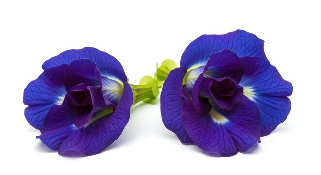 Two vibrant blue butterfly pea flowers on a white background.