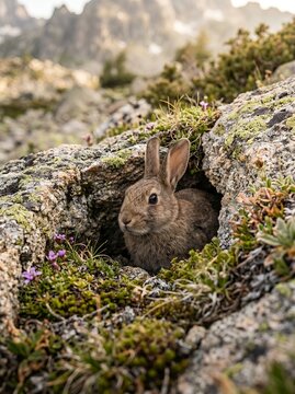 Wild rabbit peeking out from rocky den in alpine meadow.