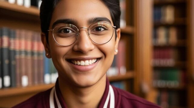 Portrait of a Smiling Young South Asian Student Wearing Glasses in a Library Setting Representing Academic Success and Intellectual Growth