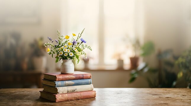 Small ceramic vase with wild summer flowers on vintage stacked books