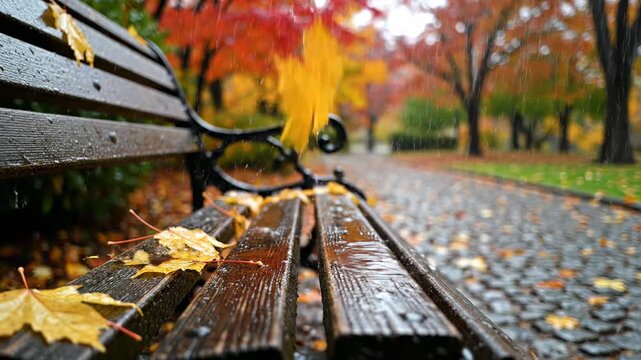 Rain falling on park bench with colorful autumn leaves scattered on seat and path, peaceful fall season atmosphere