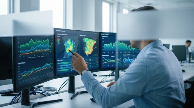Business analyst reviewing complex data visualizations and heat maps on triple monitor setup in corporate office environment for strategic decision making process
