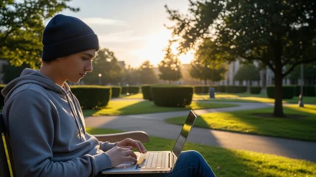 Young male student using laptop on park bench at sunset, focused college boy studying outdoors, digital nomad working remotely in nature