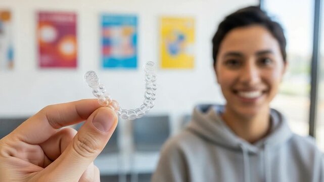 Hand holding clear dental aligner tray for teeth straightening with smiling young woman in background at orthodontist office