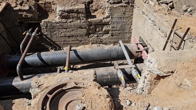 Workers install large pipes in construction site located in a desert area during mid-morning hours with clear skies above