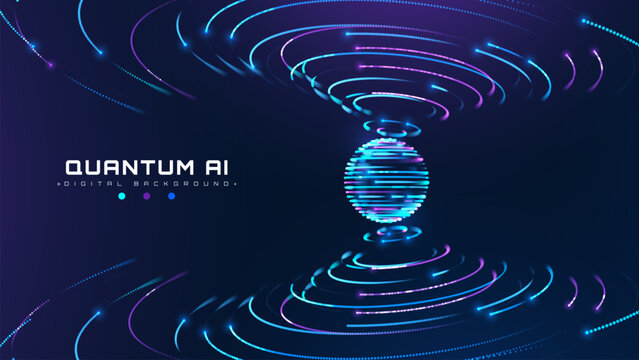 Quantum Ai Background, Modern Technology Concept With Digital Data Network. Fast Speed Glow Neon Sphere Graphic Design And Bright Light Advance Future System Core. Vector Illustration.