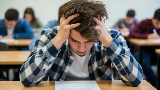 Stressed young male student struggling with difficult exam in classroom, academic pressure and test anxiety concept for education