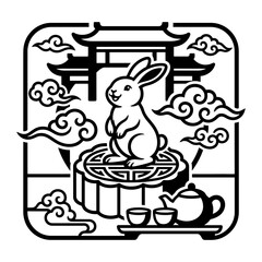 Naklejka premium Mid Autumn Rabbit Mooncake Tea Pagoda Frame