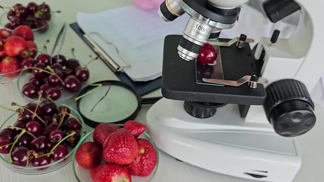 Explore the use of a microscope with fruits like cherries and strawberries at a study table in a bright room
