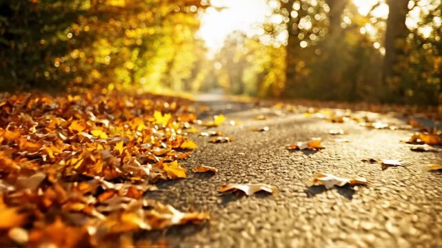 Golden autumn leaves carpeting a rural road at sunrise, warm sunlight filtering through trees, peaceful journey, changing season
