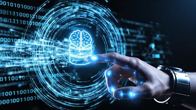 Hand pointing at glowing AI brain database icon with binary code background