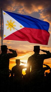 Silhouette of Filipino soldiers saluting the national flag at sunset representing patriotism honor duty and military service