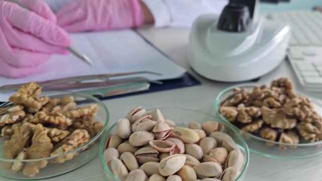Research on nuts and seeds in a laboratory setting during the daytime with detailed examination