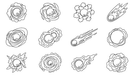 Cosmic Phenomena Icons: Meteorites, Galaxies, Nebulae, Supernovae - Line Art Collection © Kejar
