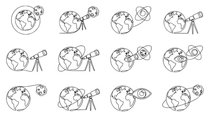 Abstract Line Art: Earth, Telescope, Moon, Eye, Orbit - Cosmic Exploration & Vision Icons © Kejar