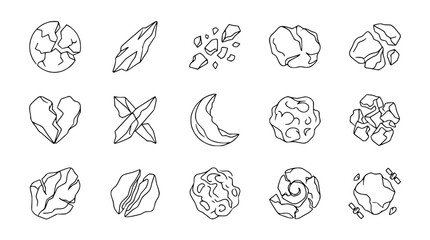 Collection of hand-drawn celestial bodies, planets, and space debris icons in outline style © Kejar