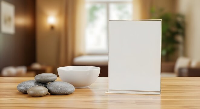 Blank white menu or signboard on a wooden table with spa stones and a bowl in a blurred room setting, perfect for mockups and presentations.