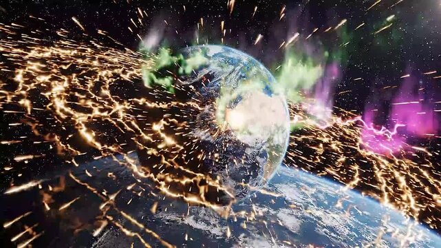 Cosmic Collision A breathtaking digital artwork depicting a dramatic celestial event with two planets on a collision course amidst a shower of light and cosmic energy