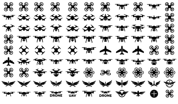 Black Drone Logo Collection with UAV Silhouettes and Aerial Technology Icons