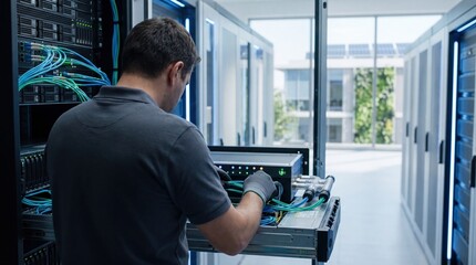 Fototapeta premium IT technician maintaining server rack in modern data center, connecting cables to network hardware for cloud computing infrastructure support and system reliability.