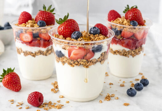 Fresh yogurt parfait with granola and berries, healthy breakfast cups with strawberries and blueberries, honey drizzled on greek yogurt dessert