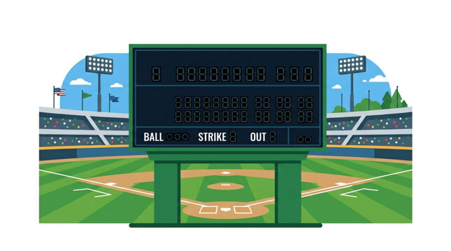 A baseball stadium scoreboard displaying game statistics stands prominently on a sunny day, showcasing the outfield and spectator seating beyond the field