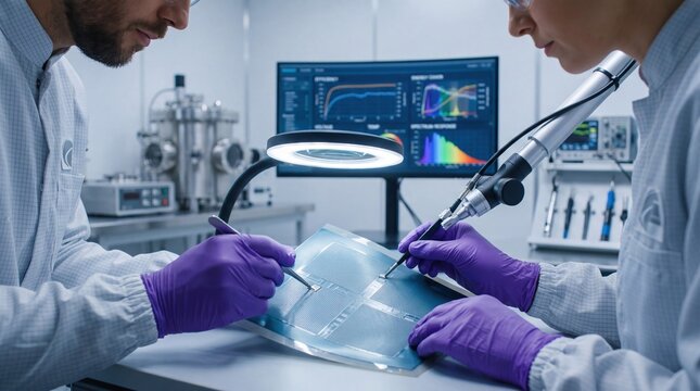 Scientists in cleanroom suits working on flexible electronics