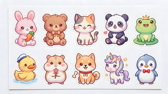 Cute pastel animal sticker pack featuring bear, cat, panda, hamster, and unicorn in kawaii cartoon style.