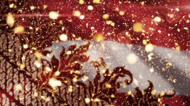 glowing ornate red and gold filigree pattern with subtle sparkling particles and bokeh, elegant decorative flourish, festive abstract background