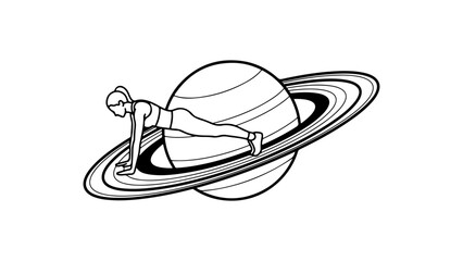 woman doing plank across Saturn's rings conceptual fitness illustration in outer space on white background © Giorgi