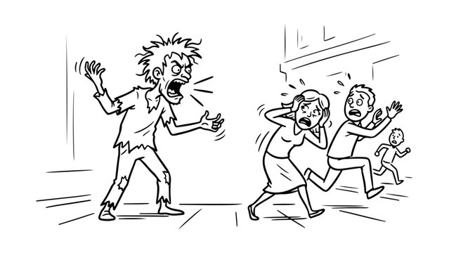 angry zombie screaming as terrified people in the street during panic on white background