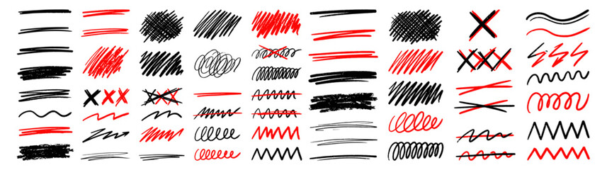 Obraz premium Hand-drawn marker brush stroke vector set featuring scribbles, underlines, cross marks, zigzag lines, circles, loops, wavy strokes, and highlight elements. Black and red sketch-style doodles.