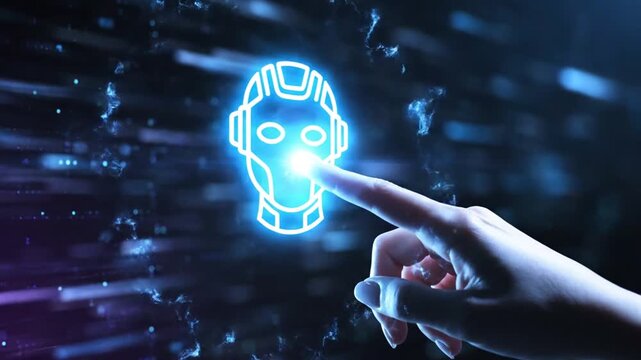Hand pointing at glowing blue robot head icon in dark digital space