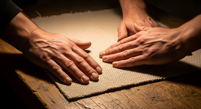 Two hands spread wide and resting flat on a textured linen cloth over a wooden surface