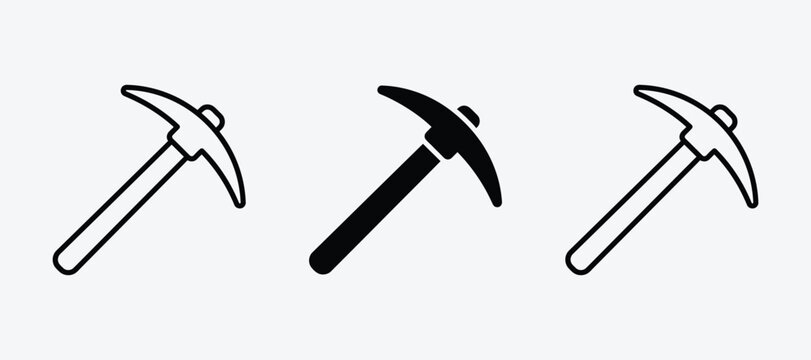 Pickaxe icon set representing mining and excavation equipment in professional graphic styles with excavation, construction