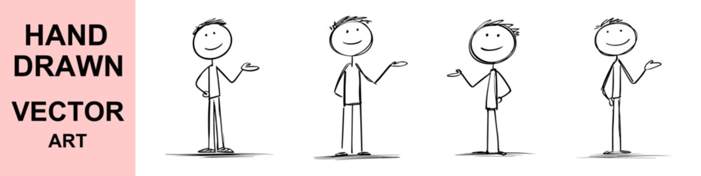 Hand drawn stick figure presenting gesture vector character set with smiling people showcasing information isolated doodle illustration collection for creative business projects