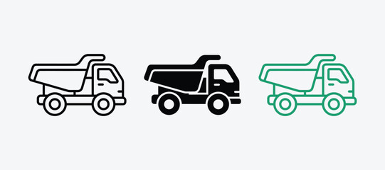 Three styles of dump truck icons for construction and heavy duty hauling industry applications with construction, machinery © Liza Begum