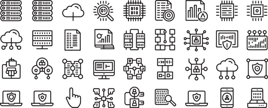 Server, Cloud, Chip, and Cybersecurity Outline Icons Set for Technology Protection and Network Security Design