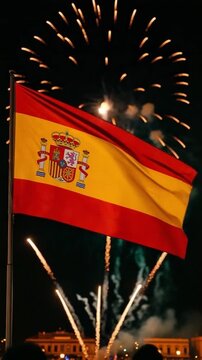 Spanish Flag Waving Against Night Fireworks Display Celebrating National Holiday or Patriotic Event Concept for Independence Day Celebration