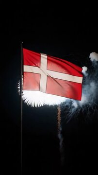 Danish flag waving at night with rocket launch trail, symbol of Denmark space exploration and national pride in aerospace technology