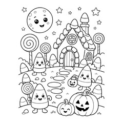 Fototapeta premium Halloween candy, spooky pumpkins, cartoon house, black and white illustration, coloring book, vector icons