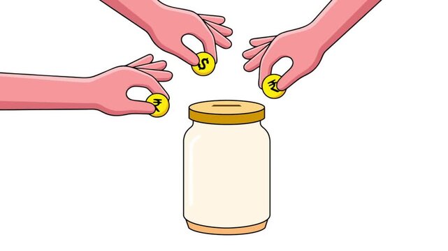Hands placing coins into a glass jar for savings.