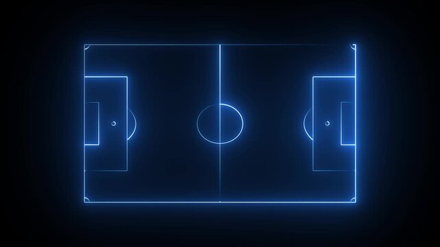 glowing blue color neon football field outline animation video on black background , Glowing neon lights match future football isometric field video animation on a background.