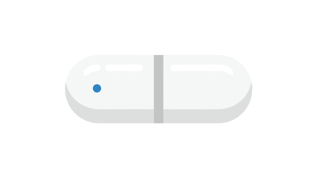 White pill with blue dot on flat surface.