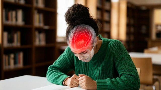 Woman suffering from migraine in library. Student feeling strong headache with clinical brain visualization. Stress, fatigue and medical health awareness concept.