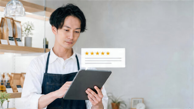 タブレットで高評価レビューを確認する日本人カフェ店員