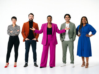Obraz premium Five marketing executives in fashion-forward business attire standing in row on pure white studio background