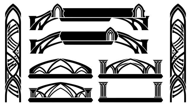 Black and white gothic interlaced tracery borders and header banner silhouettes. Vector UI interface assets for fantasy gaming stream overlay design