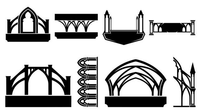 Silhouette vector set of gothic arches, cathedral windows, and medieval spires. Perfect for dark fantasy gaming stream overlays or webcam UI borders